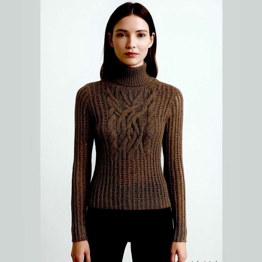 MaxMara Dark Brown Open Knit Cable Knit Turtleneck Wool Sweater Size 00